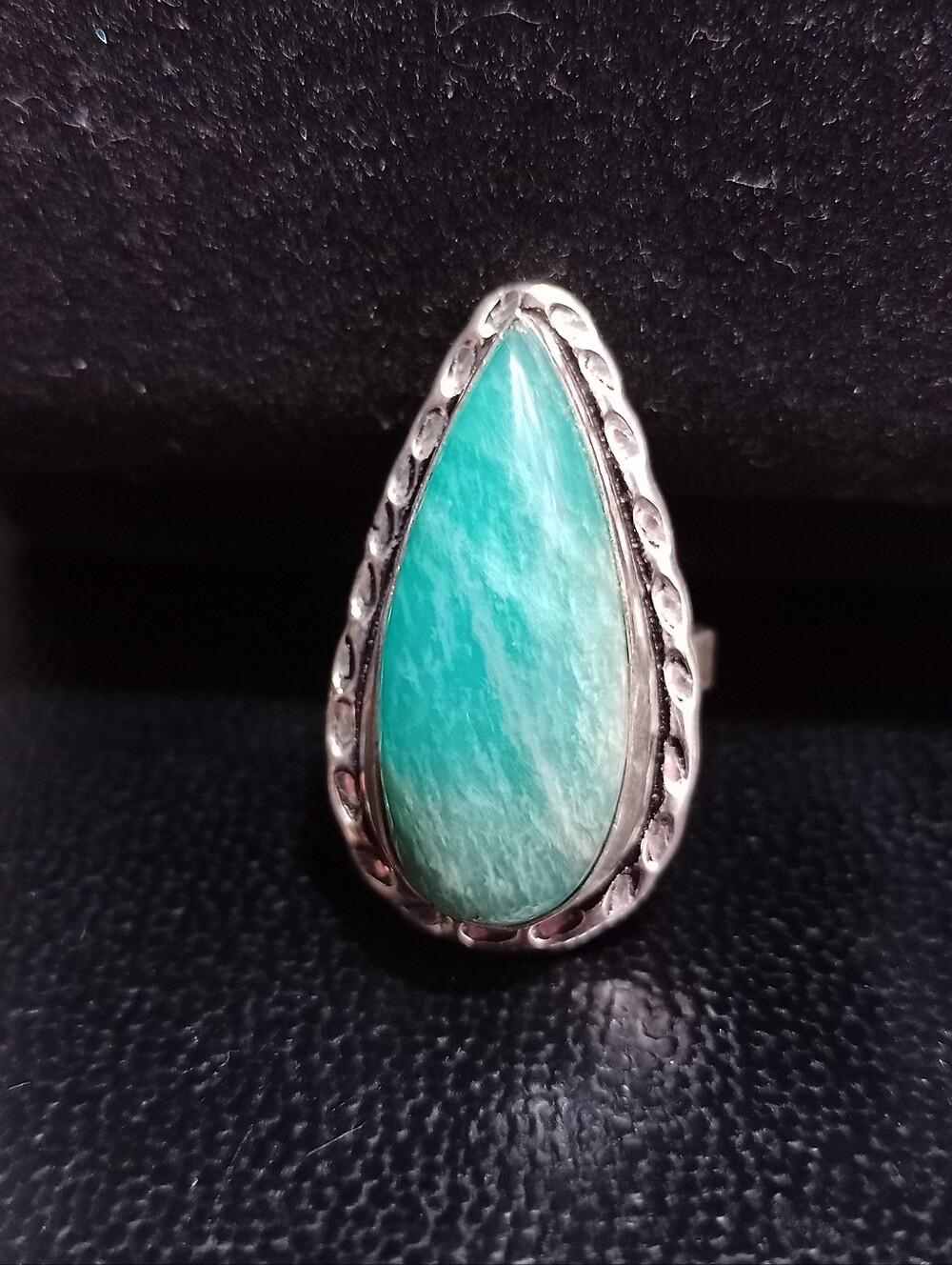 Natural Teal Green Amazonite Teardrop Silver Artisan Ring Size 8